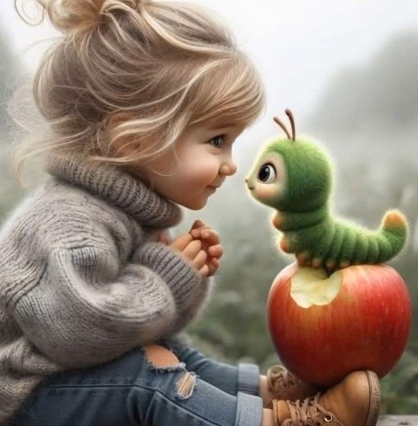 little girl talking to a caterpillar on an apple